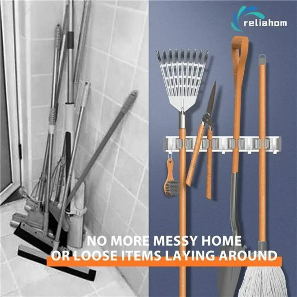 Broom Holder Mop Hanger Wall Mount Metal Organization Garage Storage System Silv